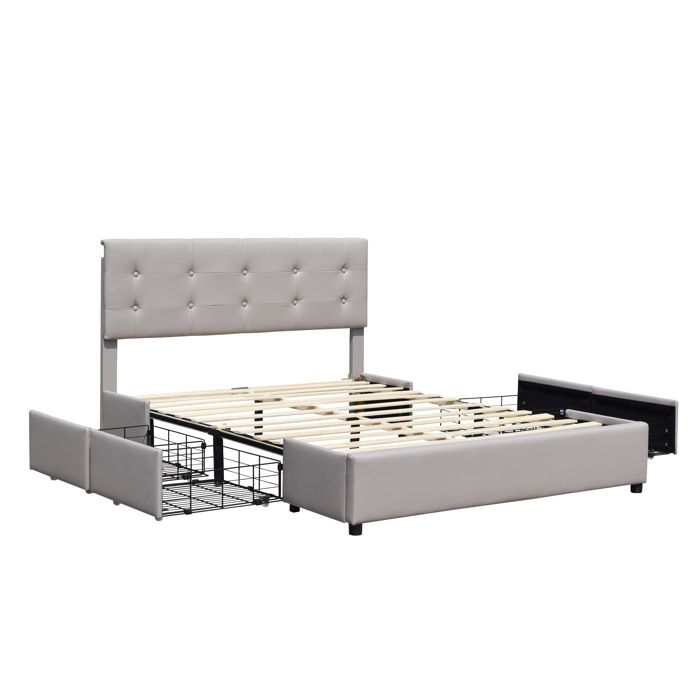 Chloe - Solide et Confortable Lit 160x200 avec Sommier avec 4 tiroirs Tete de lit Couleur GRIS Pieds en 4 cm