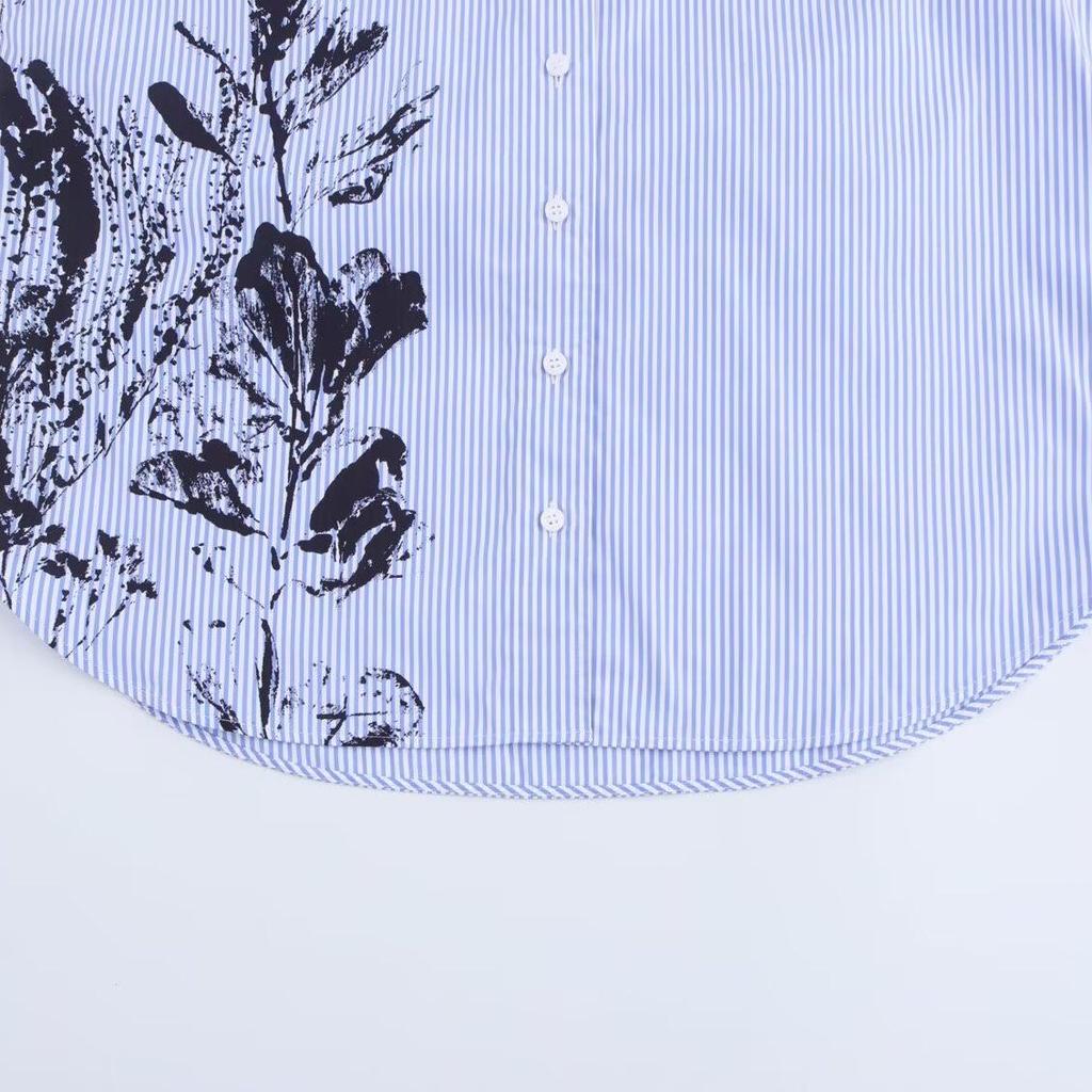 2025 Spring/Autumn Floral Print Blue Striped Loose Fit Long Sleeve Shirt with Turn-Down Collar