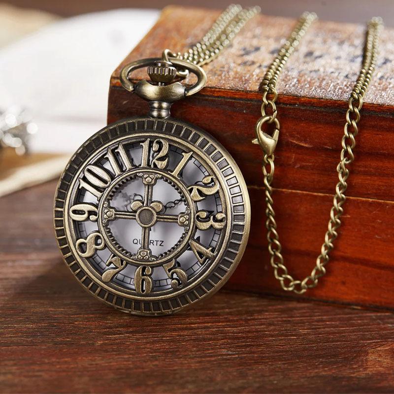 Antike Steampunk Bronze Hohlrad Uhrwerk Quarz Taschenuhr Anhänger Geschenk Mit Kette Jungen Männer