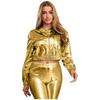 Womens Metallic Shiny Cropped Jacket Lapel Long Sleeve Front Zipper Biker Jacket