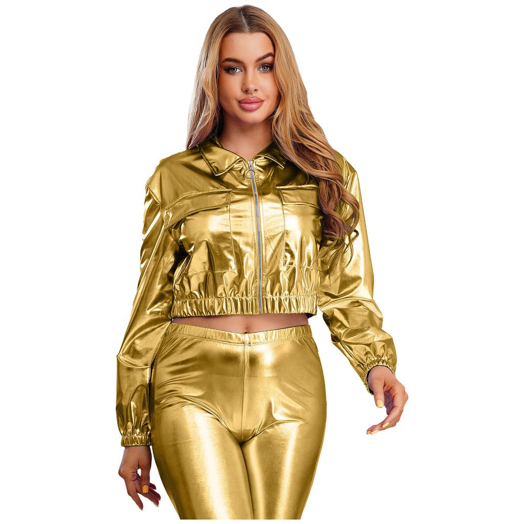 Womens Metallic Shiny Cropped Jacket Lapel Long Sleeve Front Zipper Biker Jacket
