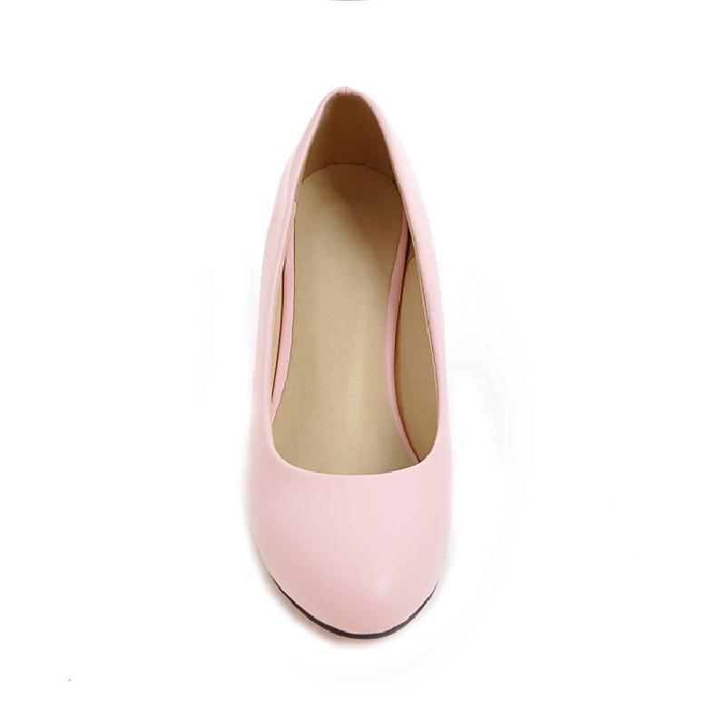Spring new large-size women's shoes simple and versatile shoes light mouth round head wedge heels single shoes high heels white