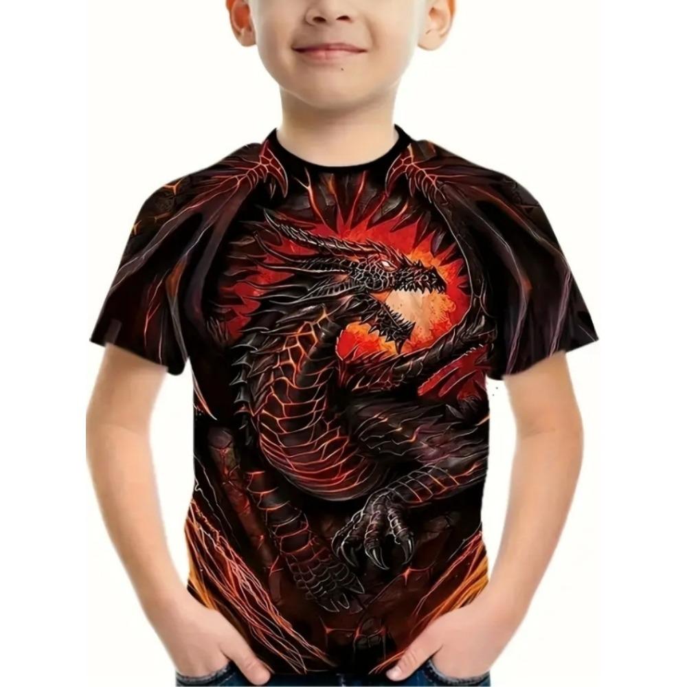 Boys' Summer Crew Neck Kids' Versatile Comfortable T-Shirt with Cool Dragon Pattern Short Sleeve Top