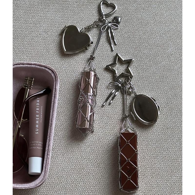 Metal Mesh Lipstick Holder: Crystal Raw Stone DIY Keychain Pendant