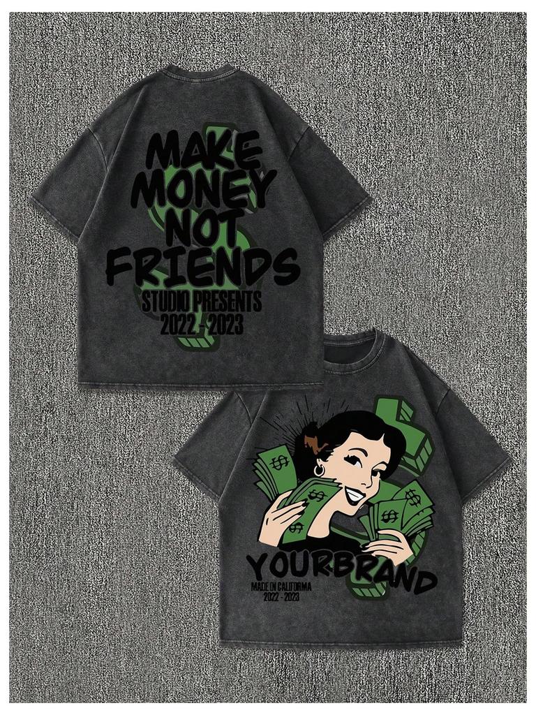 Washed Double-Sided Money Girl Print 100% Cotton Oversized Short Sleeve T-shirt