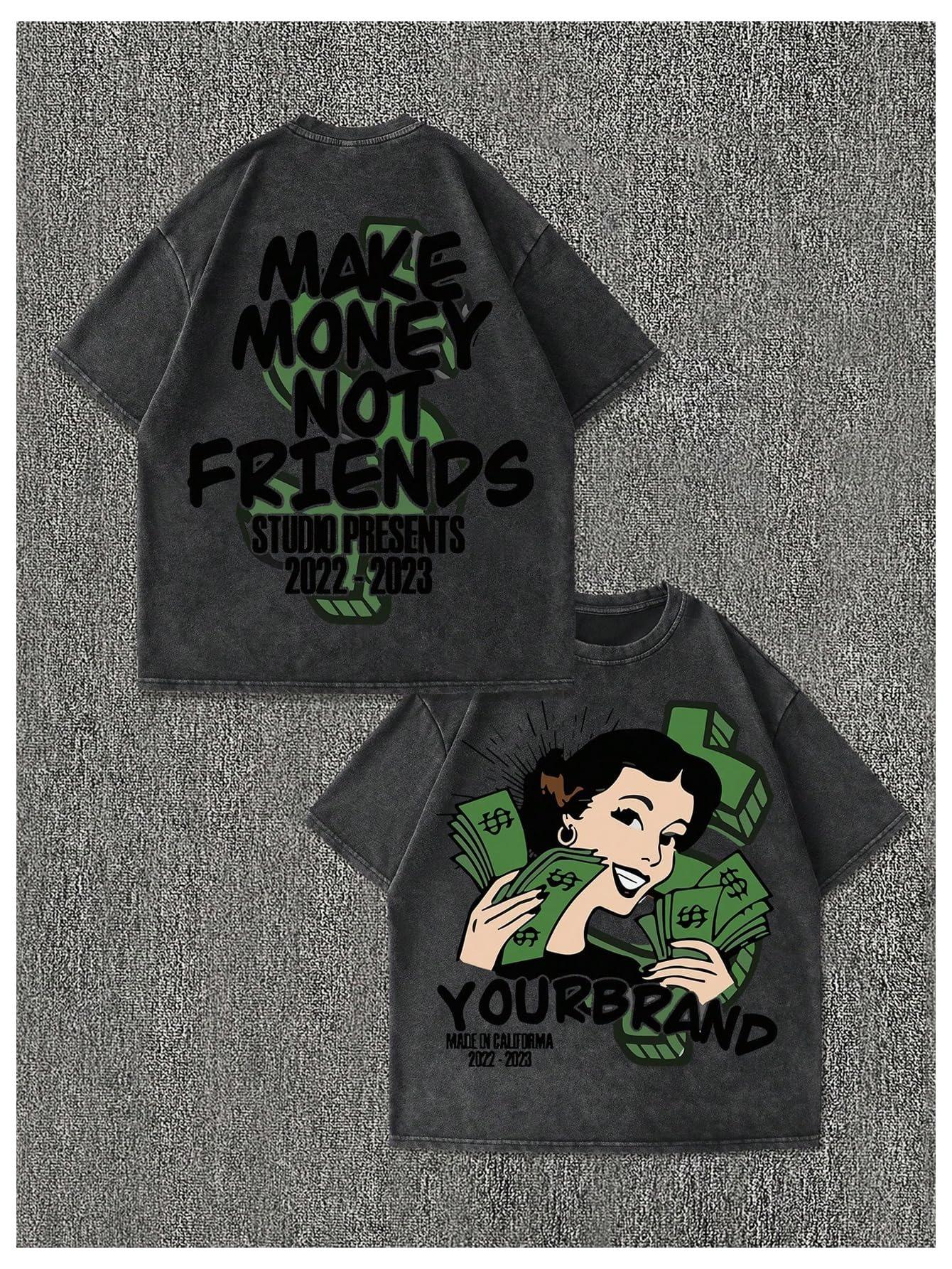 

Washed Double-Sided Money Girl Print 100% Cotton Oversized Short Sleeve T-shirt L чёрный