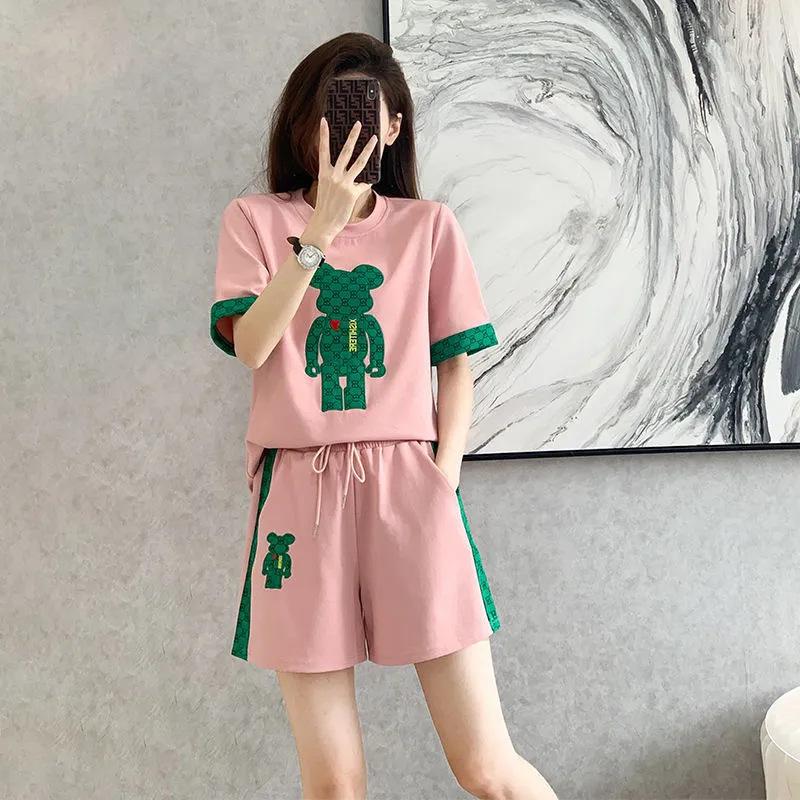 Pink Bear Suit for Women, Summer, Light and Mature Style, Hong Kong Style, Fashionable, Foreign Style, Bear Thin Shorts Two-piece Set