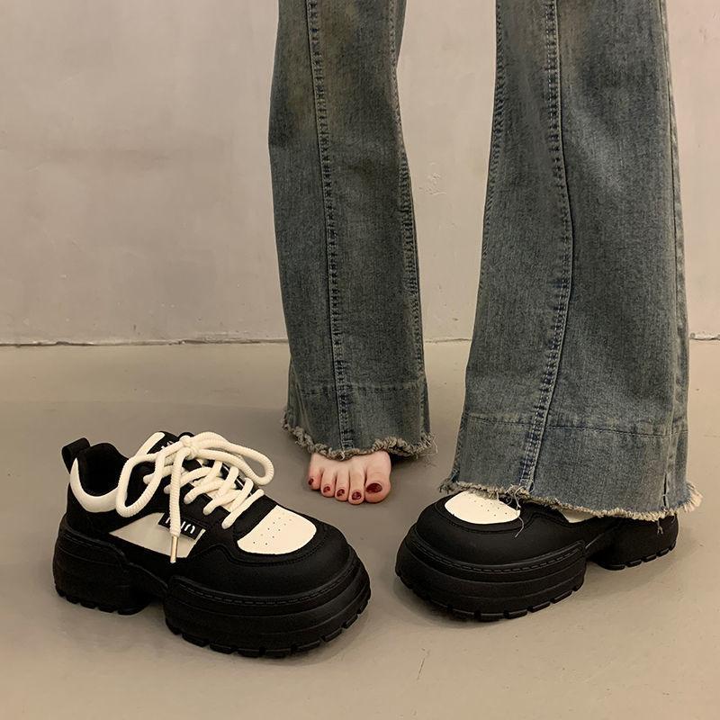 heightened thick baseplate shoes women's spring new muffin casual sports dad shoes lace-up versatile single shoes women's