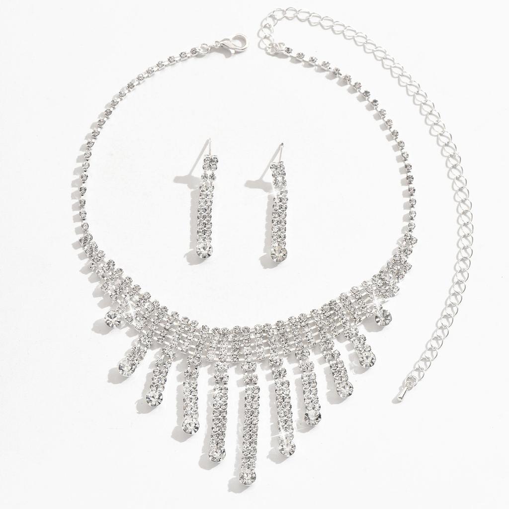 Brilliant Rhinestone Tassel Necklace Earrings Set Bridal Wedding Accessories