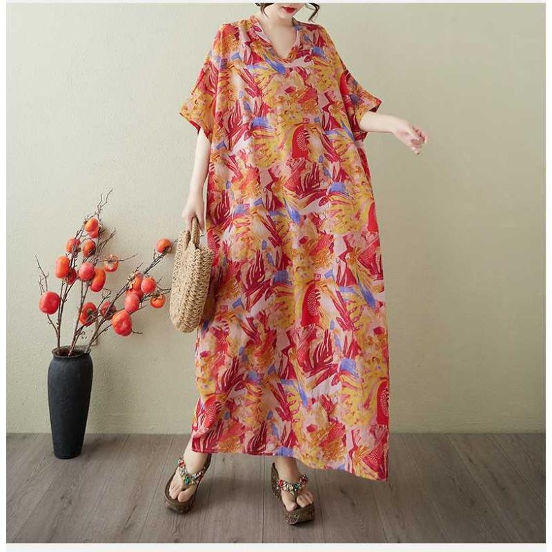 Vestido Largo Vintage para Mujer con Estampados de Algodón y Lino