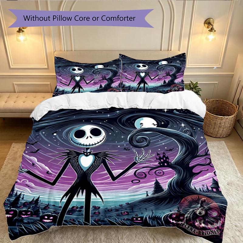 3pcs Duvet Cover Set, Halloween Jack Sally Skull Bedding Set, Machine Washable, Breathable Fabric, All-Season Cozy Bedroom Accessory