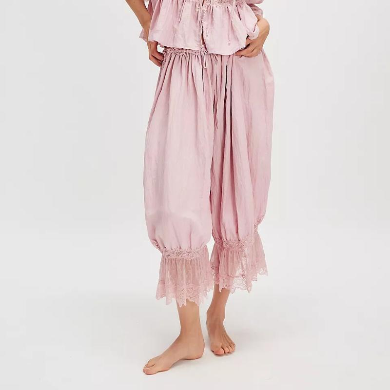 High Waist Wide Leg Pants with Lace Trim, Casual Boho Palazzo Trousers for Women