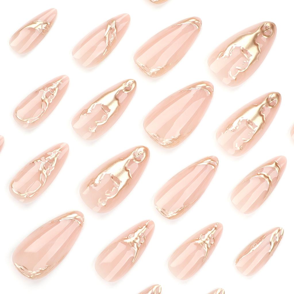 24pcs Simple New Product Nail Art Fake Nail Gold Paste 3D Wearable Nail Tablets Short Almond Heavy-wearable Nail Nail Patch