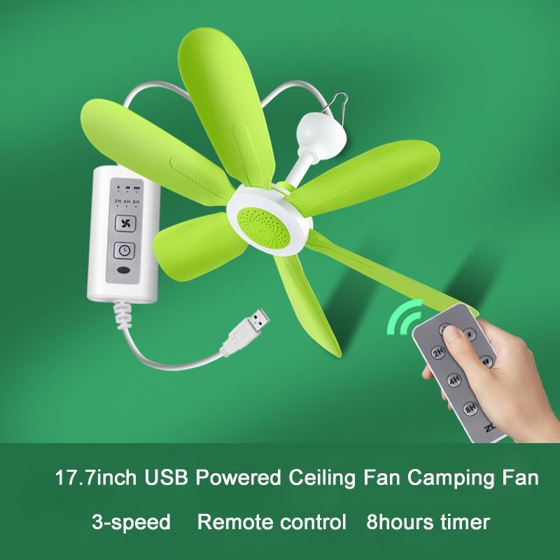 6 Leaves USB Powered Ceiling Canopy Fan with Remote Control Timing 3 Speed Hanging Fan for Camping Bed Tent Home