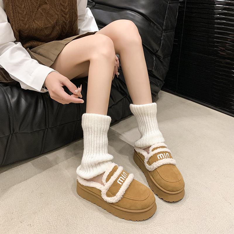 

Thick-soled casual bag head fluffy slippers women s new autumn and winter outer wear heightening round head one pedal lazy cotton shoes 35