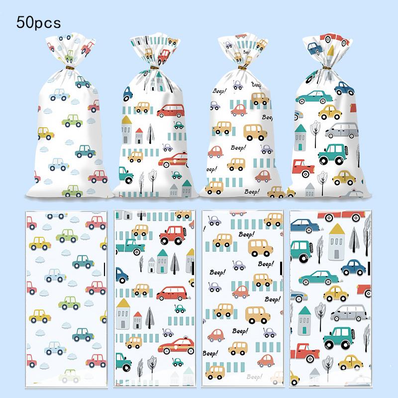 50Pcs Cartoon Car Dinosaur Gift Bag Candy Biscuit Packaging Bag Children's Birthday Party Snack Packaging Supplies Baby Shower
