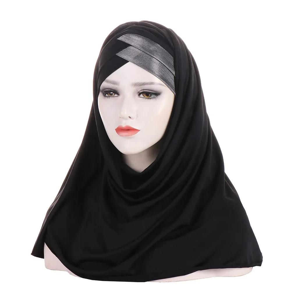 Sofort-Hijab Jersey-Hijabs Für Frauen Kreuz Stirn Pailletten-Turban Muslimische Frauen Hijab-Schal Türkischer Baumwoll-Hijab Für Frauen