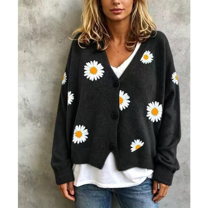 Cardigan Maglione da Donna S con Scollo a V e Manica Lunga a Maglia con Motivo Floreale