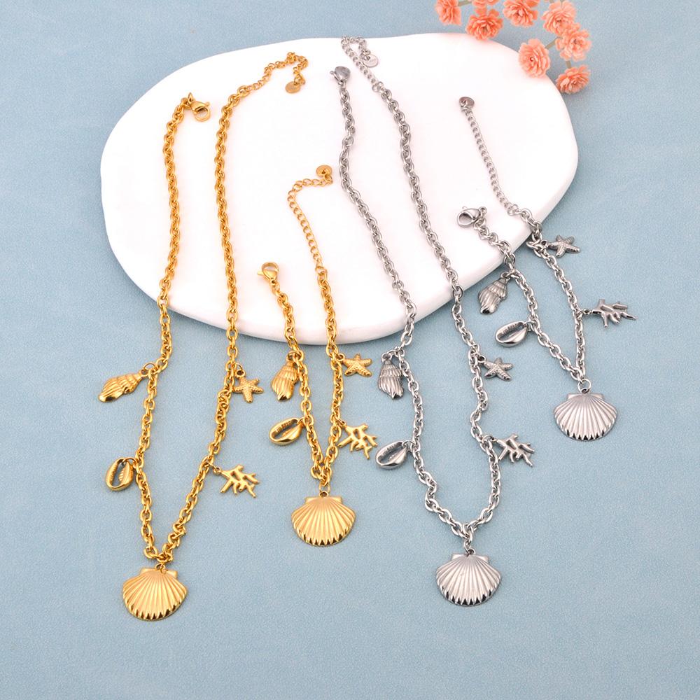 JeeMango Stainless Steel Shell Coral Starfish Pendant Bracelet for Women Personality 18K Gold Plated Ocean Style Jewelry B25134