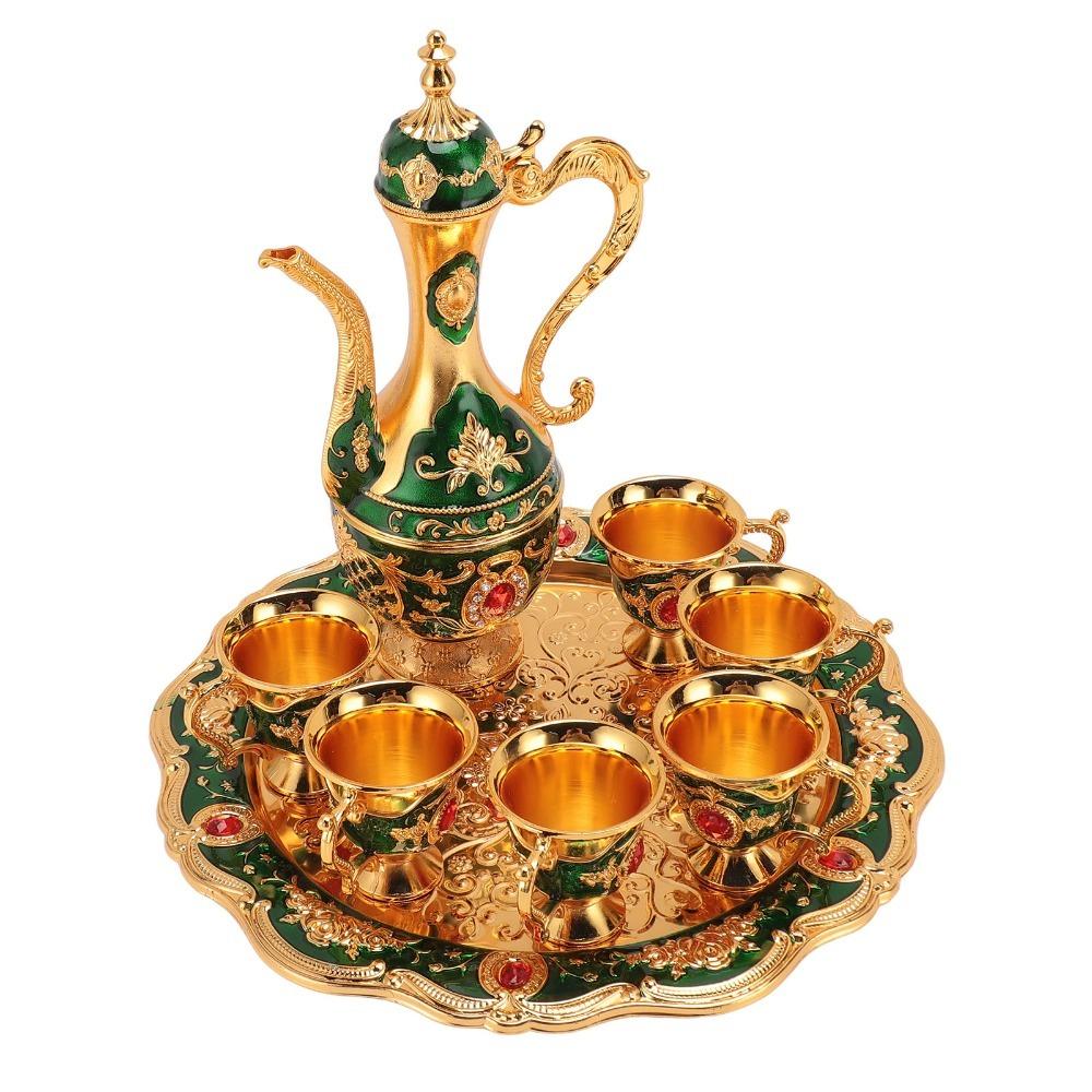 8PCS Zinc Alloy Wine Pot Kit Gold Green Teapot Tea Service Set Turkish Tea Set  For Birthday