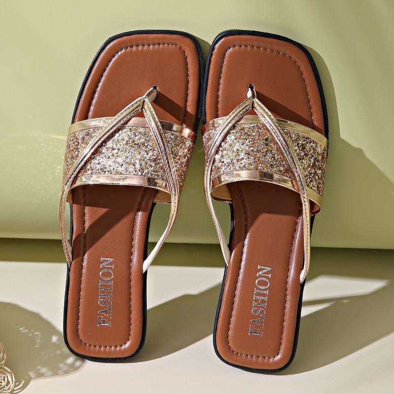 Fashion 2025 Summer New Designer Woman Slippers Sexy Elegant Golden Glitter Sequin Comfortable Clip Toe Women'S Shoes Casual Flat Sandal