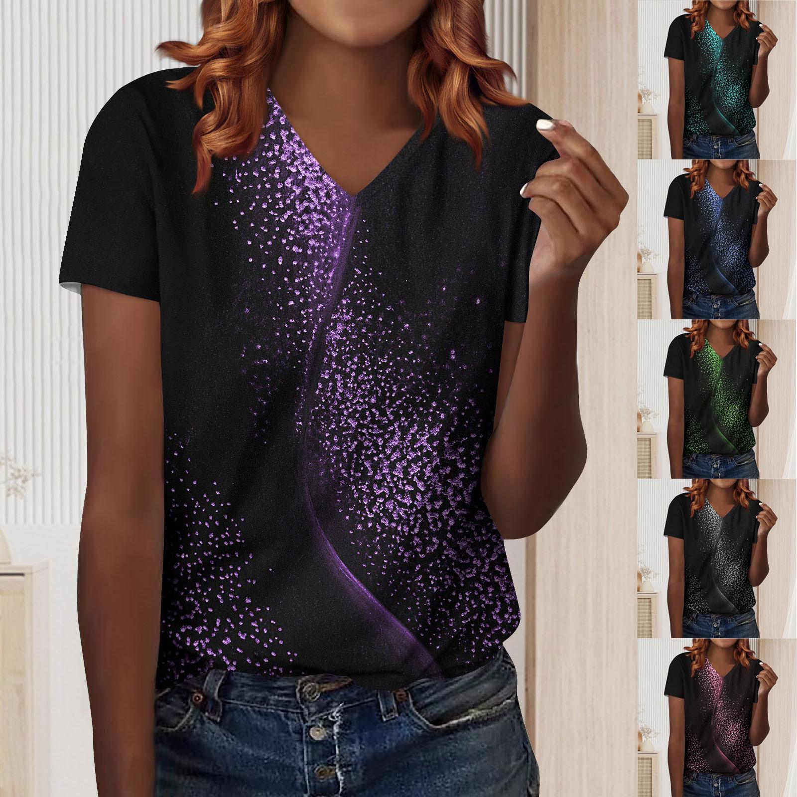 

Женская рубашка с короткими рукавами с v-образным вырезом, модная футболка с принтом, повседневный топ, реглан с короткими рукавами, лоскутный удобный хлопковый топ