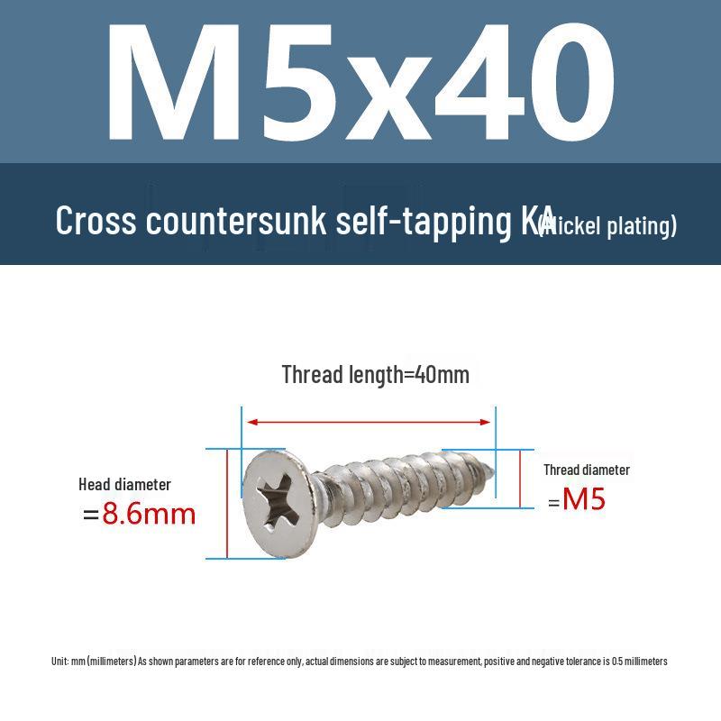 YiguYigu Nickel-Plated Phillips Flat Head Self-Tapping Screws M1-M5, Carbon Steel