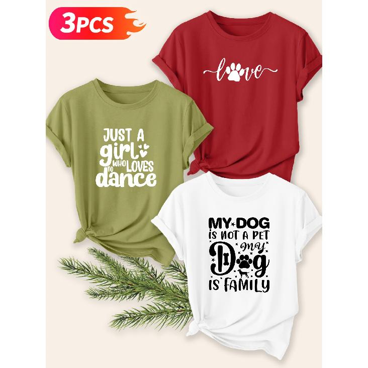 Three-piece set Elegant short-sleeved shirt for women Pet Care and Hobby Themed Printed Round Neck Women's Top T Shirt Suitable for spring