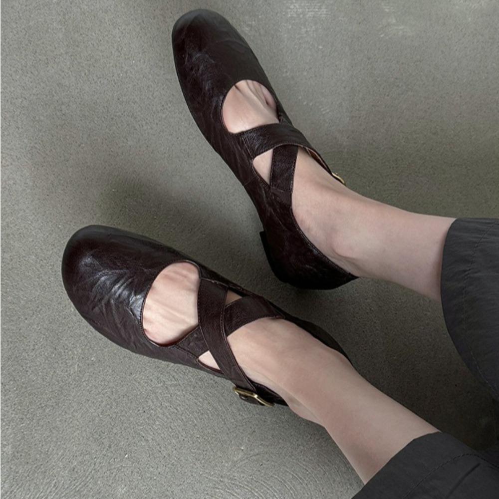 Flat Shoes for Women's 2025 Summer Round Head Cross Strap Ballet Shoes Women's New Flat Bottom Shallow Mouth Pumps Women