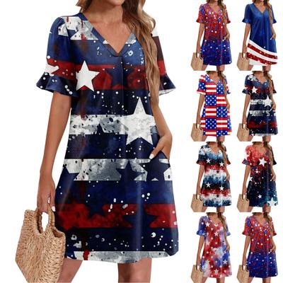 Sommerkleider für Damen V-Ausschnitt Rüschen Kurzarm Lässig Locker Unabhängigkeitsdruck Kleid Strandkleid Mit Taschen