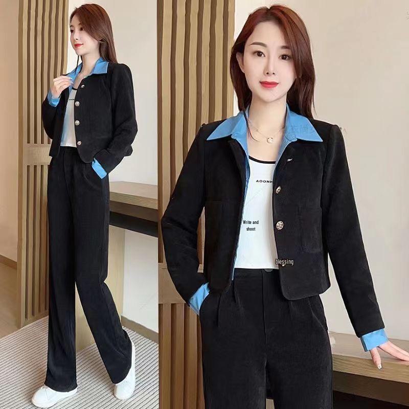 Trendy Spring & Autumn Women's Two-Piece Suit: Long-Sleeve Coat & Wide-Leg Pants - Slimming & Youthful Look