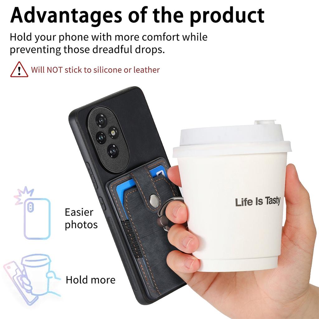 D2 for Honor 200 5G Case Elastic Card Holder Ring Kickstand Leather+TPU Phone Cover