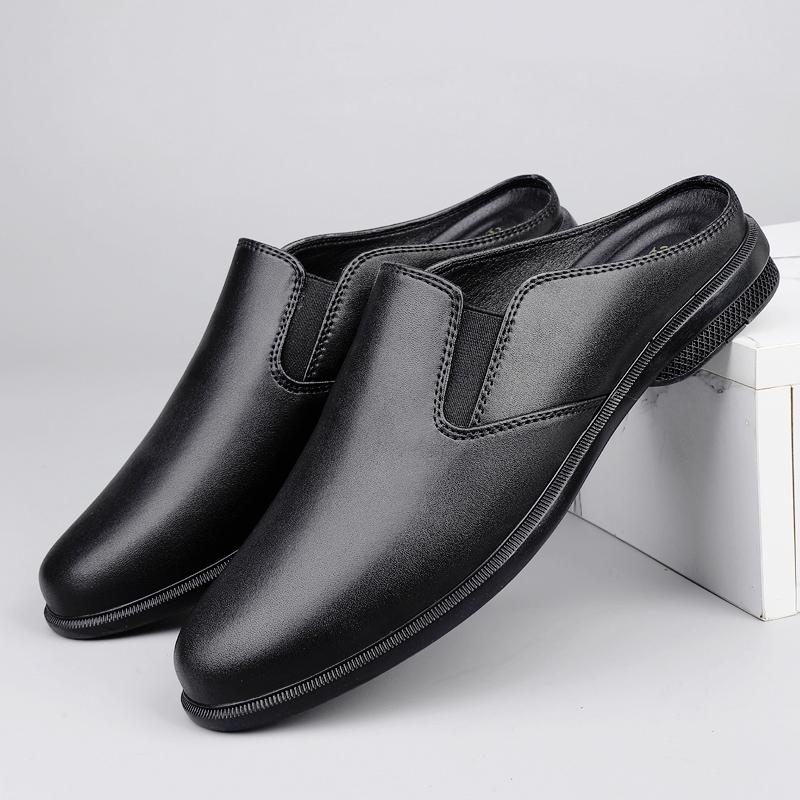 Fashion Genuine Leather Mens Slippers Fashion Simple Slippers Classic Mules Shoes Soft Antiskid Male Half Drag Comfy Slip on Lazy Flats