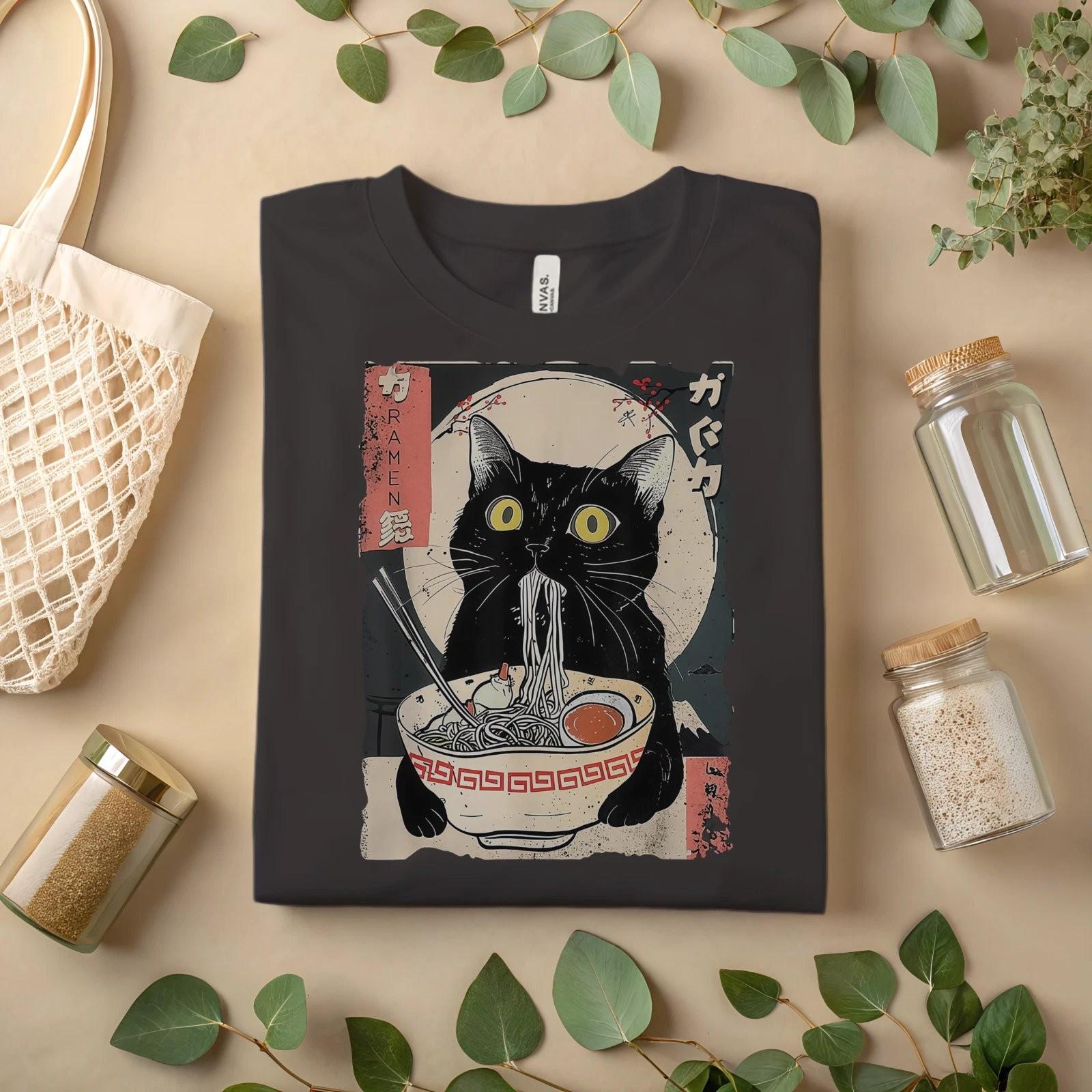 Black Cat Ramen Graphic Tee Mens T-Shirt Funny Japanese Noodle Bowl Design L