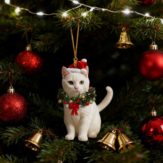 Christmas Pendant 2D Acrylic Cat Wearing Xmas Wreath Charm Car Hanging Ornament Home Office