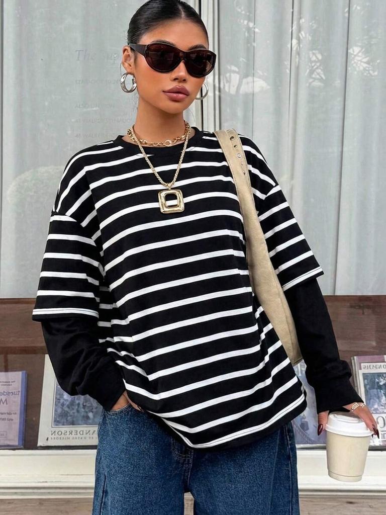 Women Striped Crew Neck Fake Two Piece Loose Long Sleeve Casual Sweatshirt