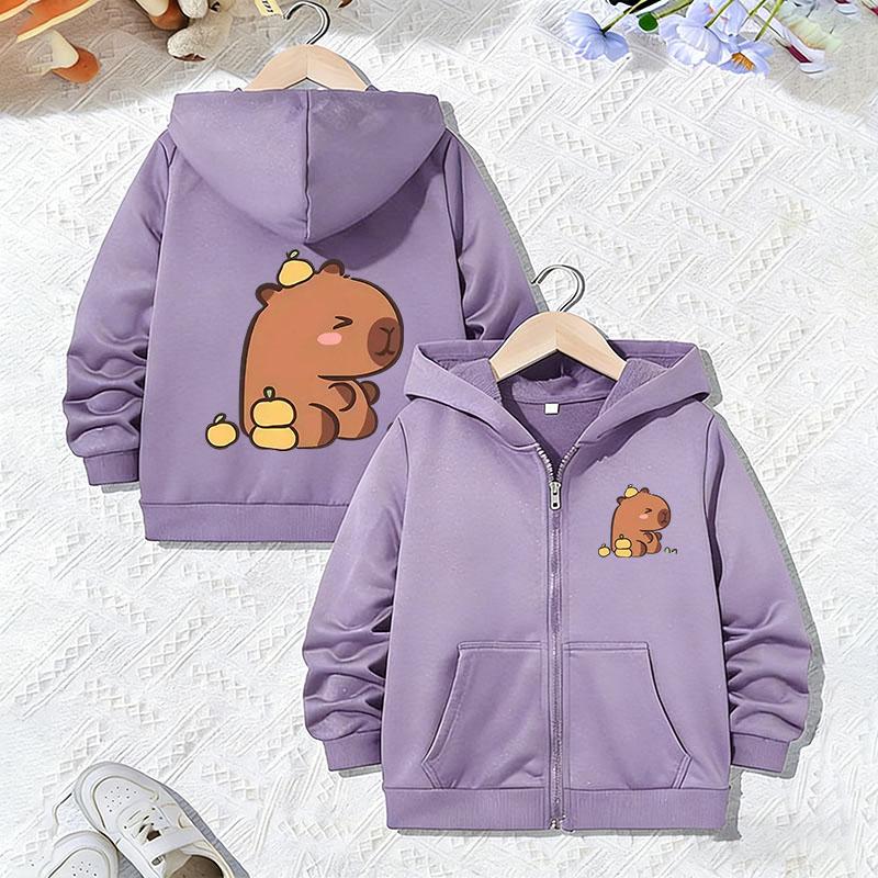Fashionable Casual Hoodie Capybara Jacket for Boys Girls Zipper Spring and Autumn Trendy Children's Cartoon Zip Up Weatshirts