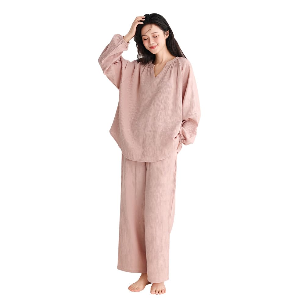 

Akihee Double Gauze Long Loose Fit Women s Pajamas, 100% Cotton, Sleeves, Spring/Summer/Autumn, V-Neck, Breathable, Moisture-Wicking, Skin-Friendly, розовый