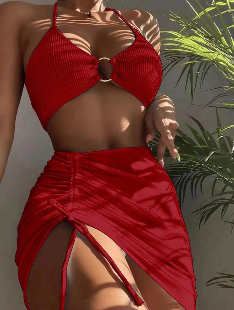 2024 Ruffled Steel Ring Bikini Three-Piece Set - European & American Women's Swimsuit