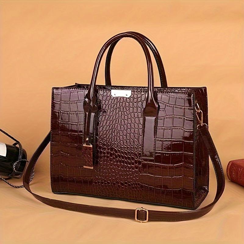 Elegant Crocodile Pattern Tote Bag, Luxury Top Handle Handbag, PU Leather Purse For Women