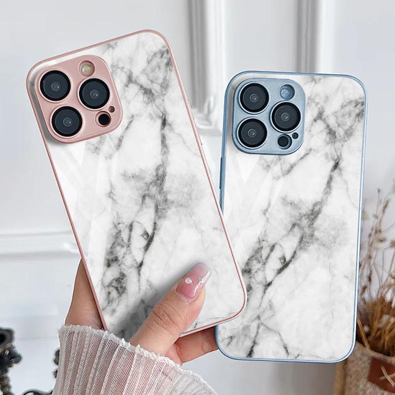 White Marble Texture for iPhone17ProMax Metallic Paint Glass Mobile Phone Protective Case All-inclusive Fine Holes