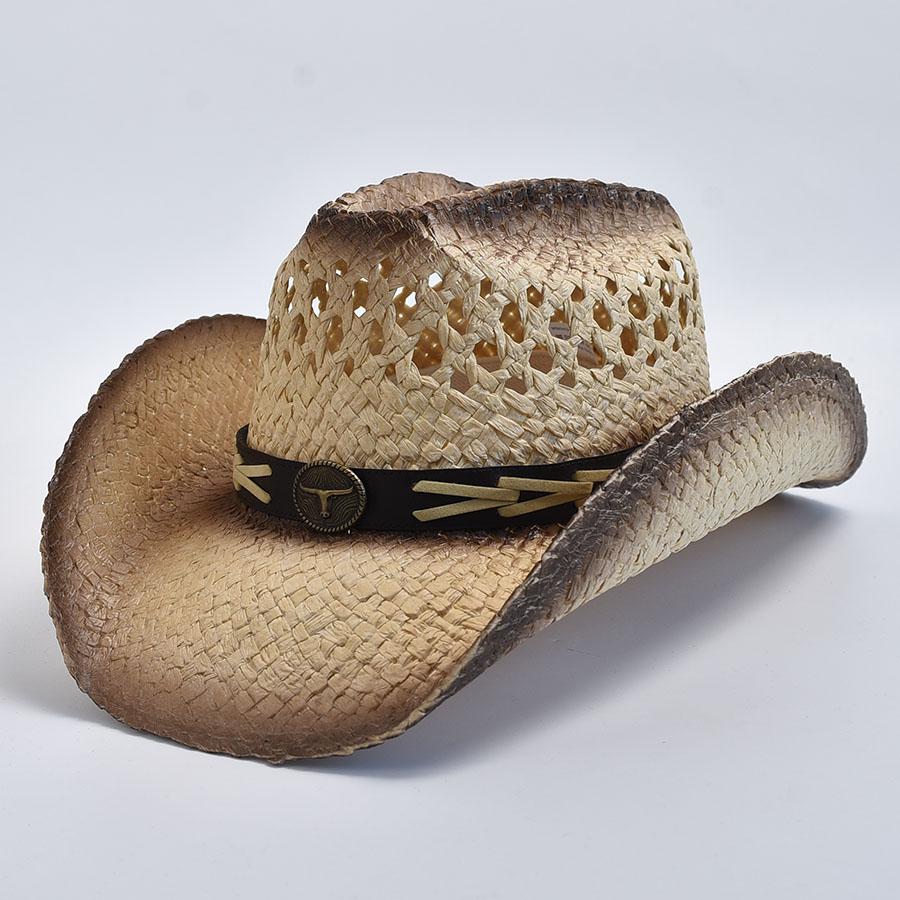 Natural Straw Western Cowboy Hat for Women Men Summer Curling Brim Beach Sun Hats Shapeable Straw Hat