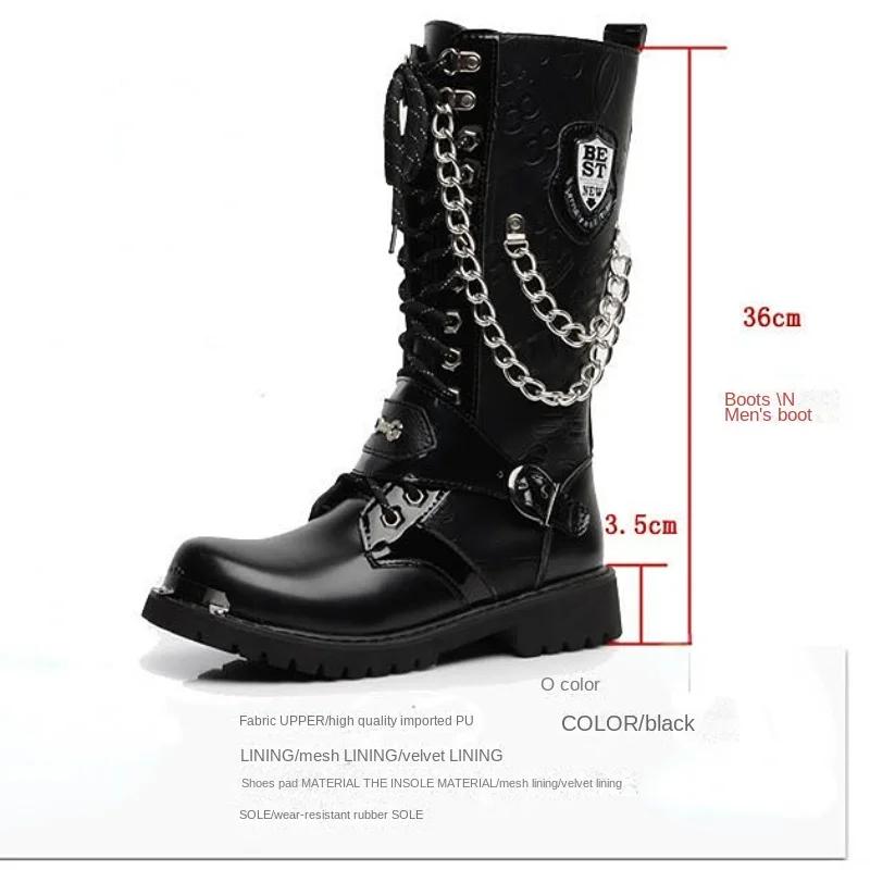 Men's Leather Motorcycle Boots Fashion Chain Mid-calf Platform Boots Gothic Belt Punk Boots for Men Designer Biker Boots Men