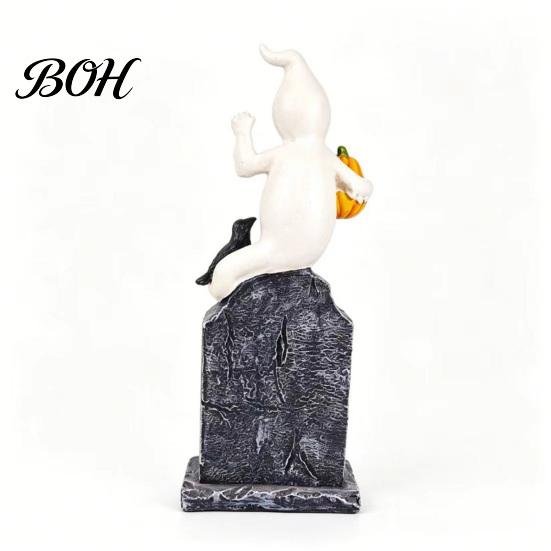 Compact Window Display Items Halloween Tombstone Figurine, Resin Ghost Pumpkin Crow on Retro Haunted House Props Statue for Desktop Holiday