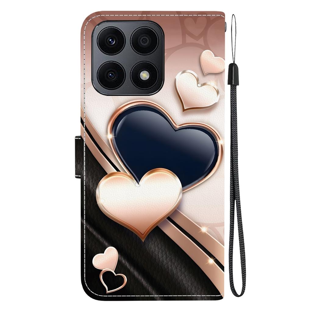 Handmade PU Leather Flip Case for Honor X8a Anti-Slip Shockproof Cover with Wrist Strap & Heart/Rose Cat Designs