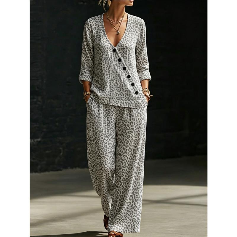 European and American Summer New Blue and White Tie-dye Gradual Change Diagonal Shirt Wide-leg Pants Two-piece Set Women's Casual Long-sleeved Suit