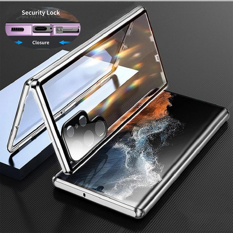 

Metal Phone Case Snap Lock For Samsung Galaxy S24 S22 Plus S23 FE S21 S25 Ultra Double Sided Glass Lens Protection Cover Cases For Galaxy S25 Ultra серебряный