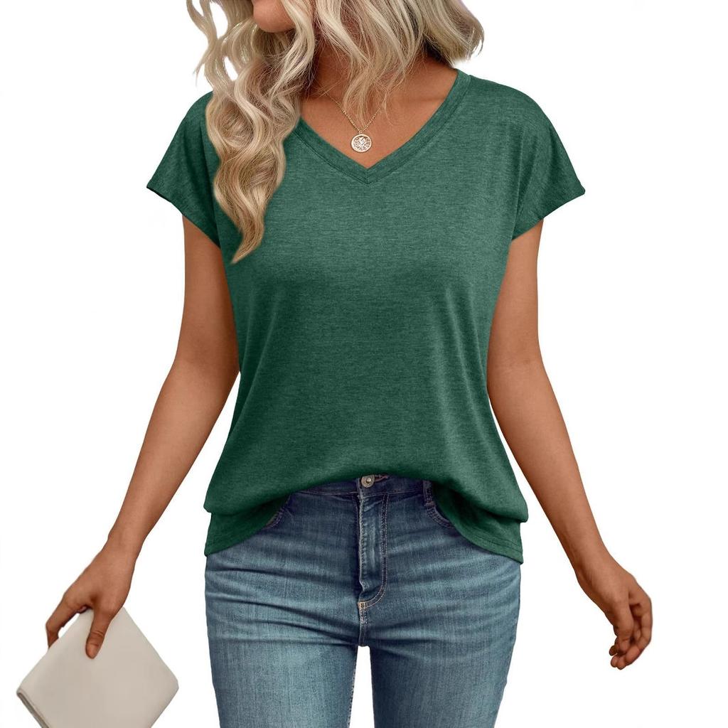 Spring and summer new European and American women's clothing solid color V-neck short-sleeved T-shirt loose casual top