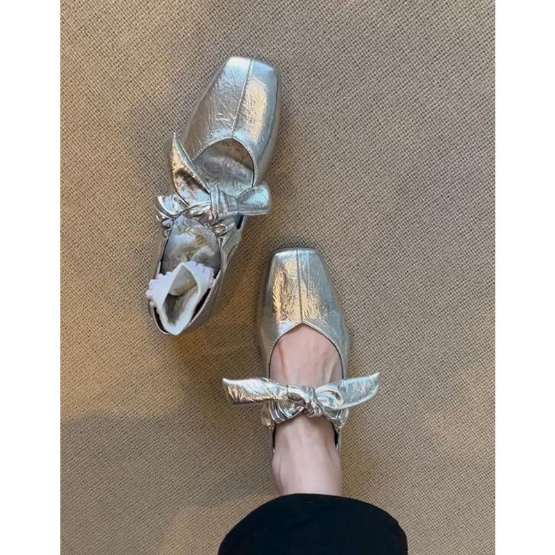 

Версия из овчины~ Женские туфли-лодочки с бантом в британском стиле, туфли на плоской подошве с квадратным носком, длиной один фут 40 серебряный