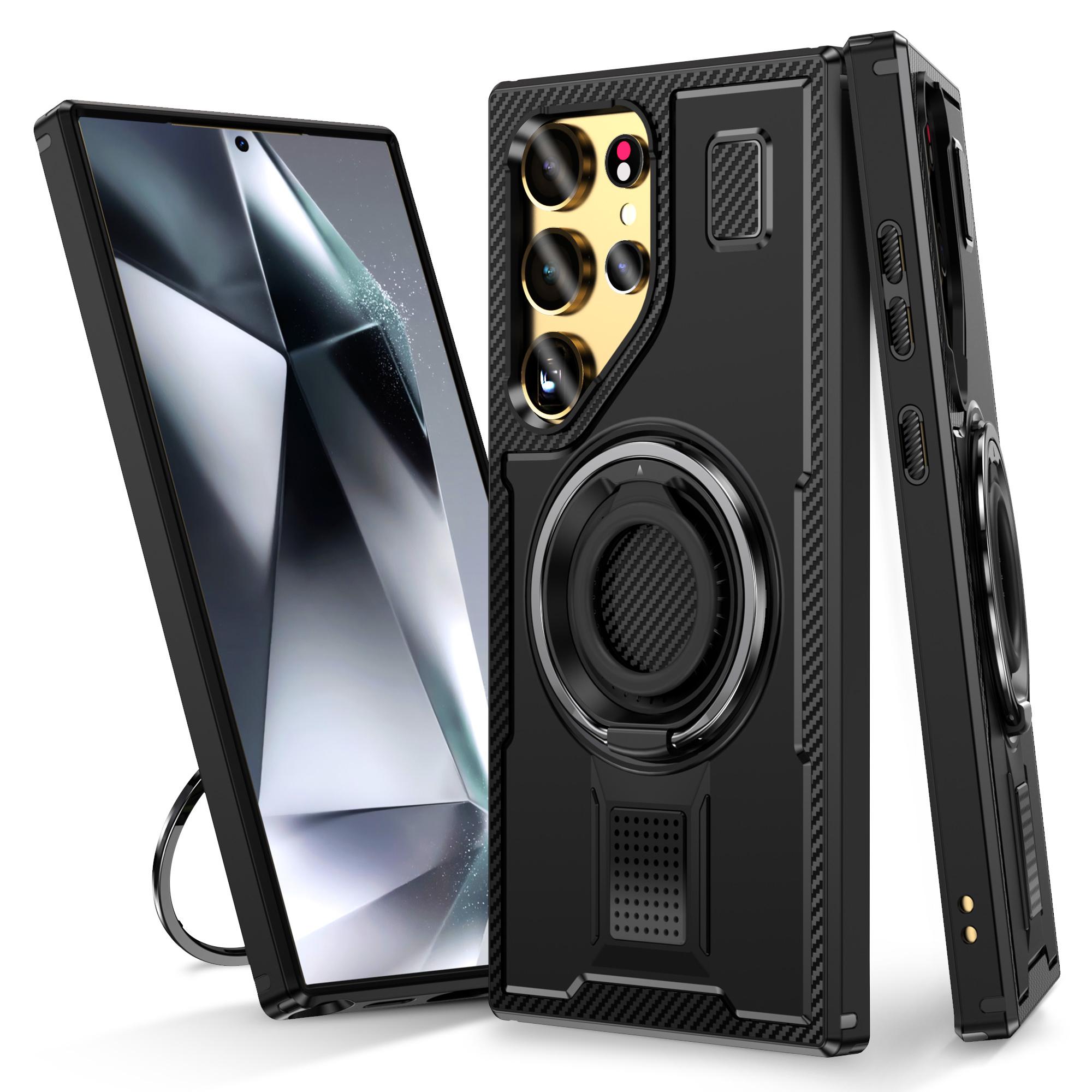 

For Samsung Galaxy S24 Ultra Case TPU+PC Kickstand Phone Cover with Silicone Finger Strap Black